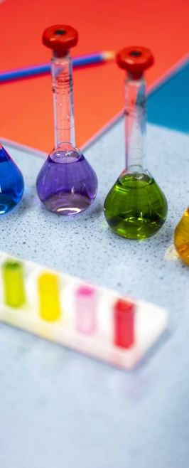 Four glass flasks filled with blue, purple, green, and yellow liquids line up on the lab bench, with matching colourful test tubes and notebooks nearby, making science look bright and fun. Four glass flasks filled with blue, purple, green, and yellow liquids line up on the lab bench, with matching colourful test tubes and notebooks nearby, making science look bright and fun.